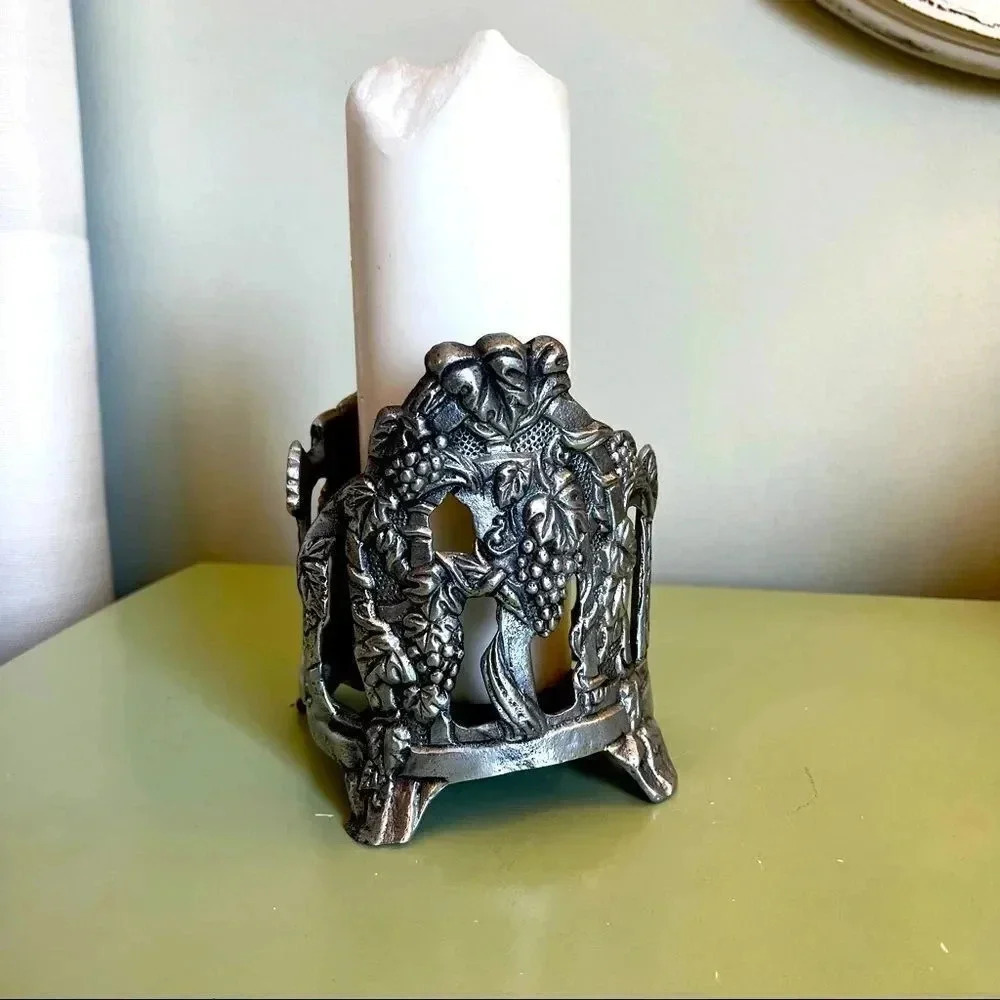 Vintage Stunning grape leaf silver etched open candle holder